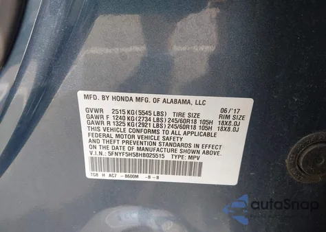 2017 Honda Pilot Ex-L z USA, uszkodzony, nr VIN 5FNYF5H58HB025515